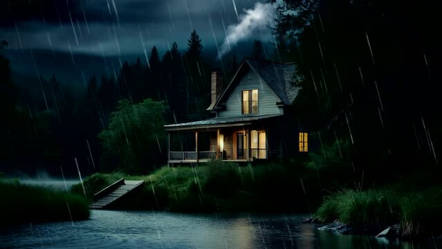 A wooden house with a chimney in the middle of a forest, with a river in front of it and extreme rainy weather with lightning and heavy rain on dark nights, with views of mountains and hills behind it