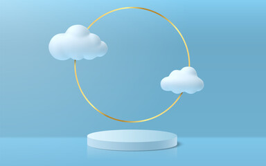 3d podium and clouds. Product sale pedestal with golden ring blue sky background and white cartoon dreamy cloud. Vector studio display mockup