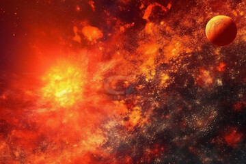 Obraz na płótnie Canvas Abstract fancy red orange fire, sun light planet surface, grunge texture, fantasy galaxy background. AI generative
