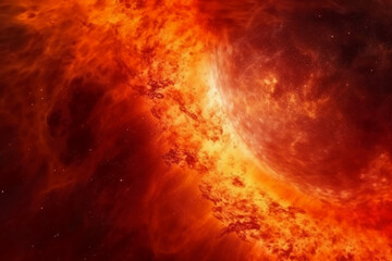 Fototapeta na wymiar Abstract fancy red orange fire, sun light planet surface, grunge texture, fantasy galaxy background. AI generative
