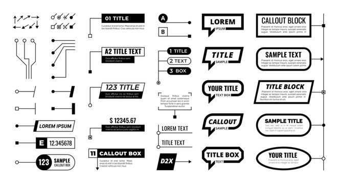 Callout. Title box, design label infographic elements. Text callouts, information banners with arrow. Isolated textbox, editable stroke vector set
