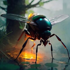 A huge fantastic beetle, with long legs and large spread wings. 3D rendering, Generative, AI, Generative AI