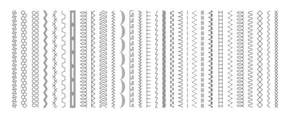 Fotobehang Sewing machine stitches. Stitching seam line, textile embroidery stitch border, binder seams, thread stripe, seamless pattern brushes. Vector set © Foxy Fox