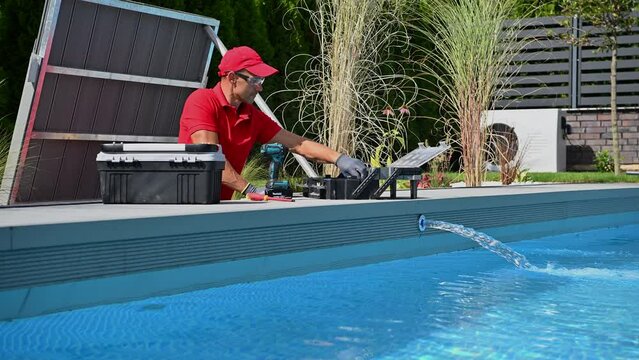 Residential Swimming Pool Technician Performing Regular Maintenance