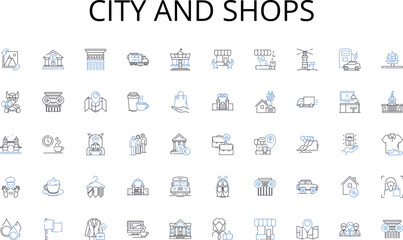 City and shops line icons collection. Monitoring, Oversight, Regulation, Inspection, Management, Direction, Coordination vector and linear illustration. Guidance,Leadership,Administration outline