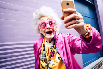 funny colourful elderly woman trying to take a selfie with her phone ai generated art Generative AI