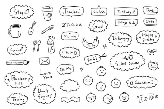 set of words stickers for digital planning, hand drawn doodles of titles and inspirational words, flags, ribbons, to do, planner, paper, speech bubble, tags, emojis