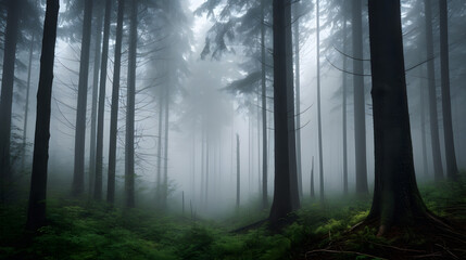 A misty morning with a forest of tall trees shrouded in fog
