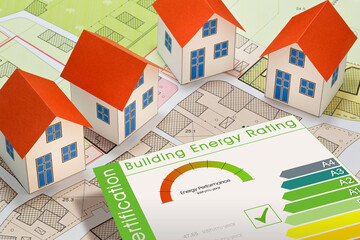 Buildings energy efficiency concept with energy classes according to the new European law and home...