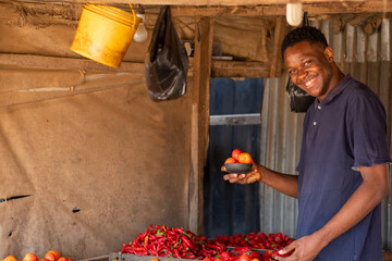 young handsome african local trader feeling happy as he arranges tomatoes for sale.