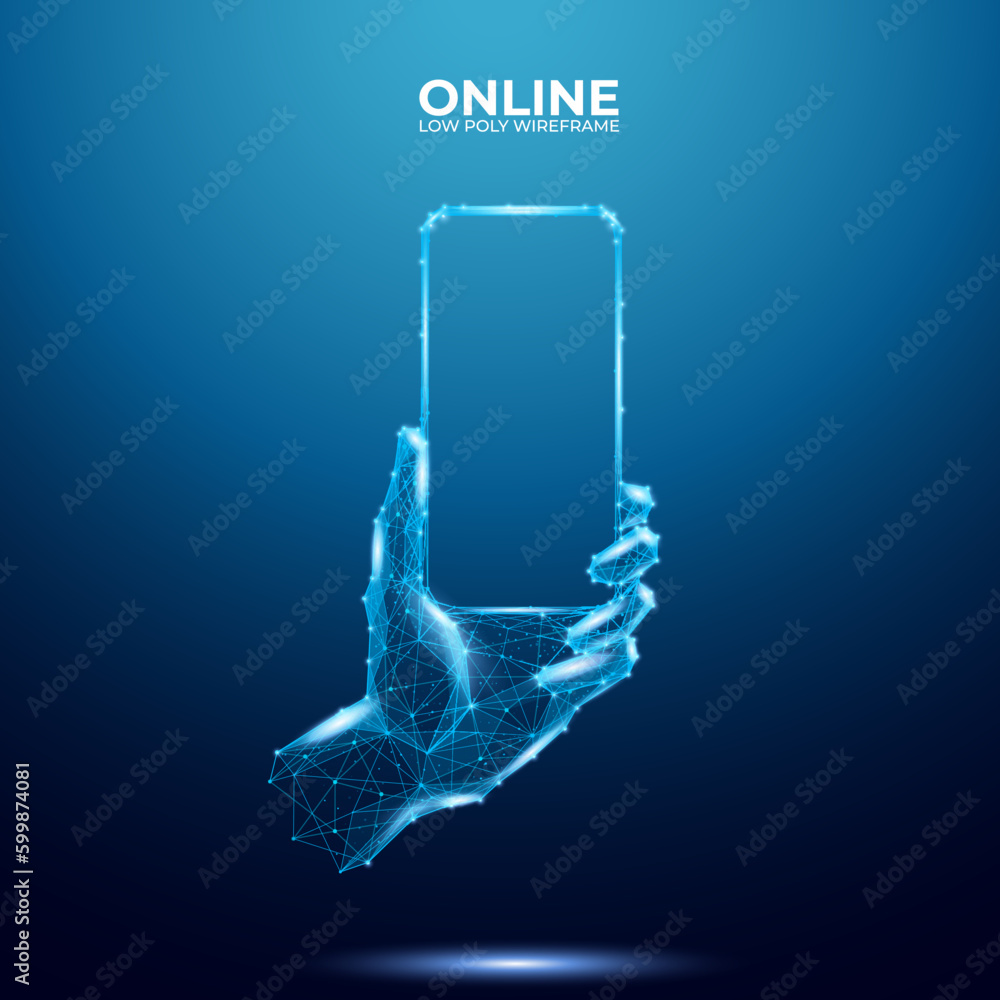 Poster Abstract hand holding phone with blank screen in polygons on blue background. Low poly wireframe technology or new device concept. Polygonal 3D vector illustration.