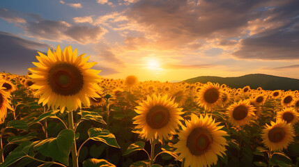 Fototapeta premium A field of sunflowers with their bright yellow petals facing the sun, creating a cheerful and uplifting scenery. Generative AI