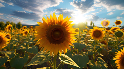 Obraz premium A field of sunflowers with their bright yellow petals facing the sun