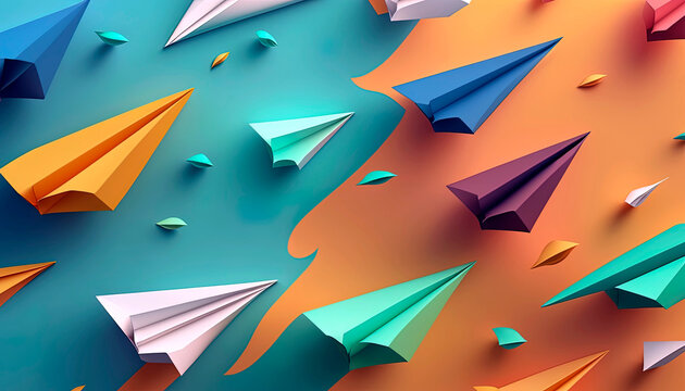 Wallpaper of colorful paper planes over blue and orange background. Cute illustration design of paper planes in vibrant colors. Generative AI.