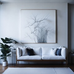 Photo of a modern living room with a sleek white couch and a colorful abstract painting as the focal point