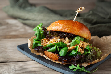 Burgers made from plant based meat of vegetarian pulled chicken