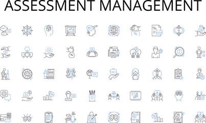 Assessment management line icons collection. Teamwork, Synergy, Cooperation, Communication, Engagement, Coordination, Partnership vector and linear illustration. Collaboration,Connection,Integration