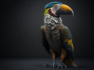 Portrait of a cute yellow, green and blue billed toucan.