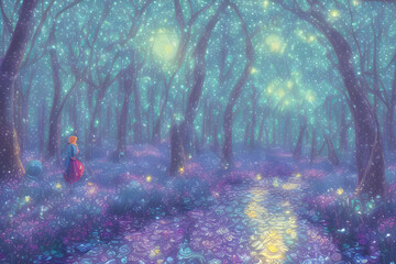 girl in magical forest under the colorful blue sky