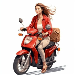 Fototapeta na wymiar A woman riding a red motorcycle with a bag on the back.