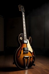 photo a guitar with a brown body with a gold trim - obrazy, fototapety, plakaty