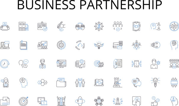 Business partnership line icons collection. Leadership, Management, Communication, Strategy, Innovation, Decision-making, Adaptability vector and linear illustration. Collaboration,Time-management