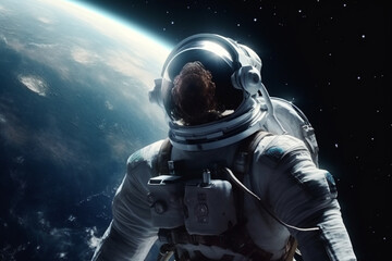 Fototapeta na wymiar Science fiction, technology concept. Astronaut with costume floating in space in background of planet Earth. Astronaut at spacewalk. Deep space exploration. Generative AI