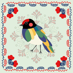 folklore bird with patterns and flowers made in the style of folklore on a light green background