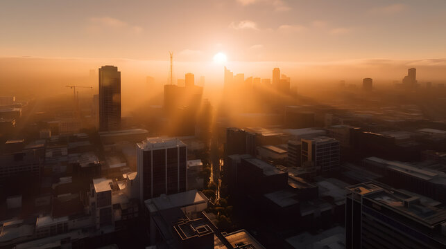 A stunning sunrise over the city, with a warm glow of sunlight shining on the tall buildings and the streets below. The perfect start to a new day in the city. Generative AI