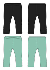 Legging pant technical drawing Fashion flat sketch vector illustration black and green color Template Front and back views Isolated on white background.