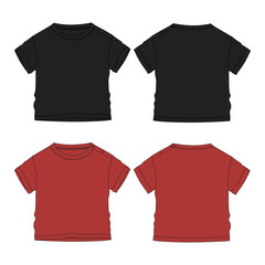 Baby boys t shirt technical drawing fashion flat sketch vector illustration black and red color template front and back views. Apparel design mock up for kids isolated on  white background