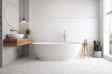 Naklejka na ściany i meble interior house bathtub white architecture home luxury 3d wood modern bathroom. Generative AI.