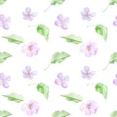 Seamless pattern with violet flowers, purple colored flowers, watercolor flowers and leaves isolated on white background, seamless pattern with flowers on very peri color