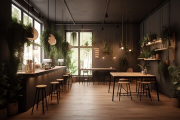 Coffee shop with plant decoration, generative AI