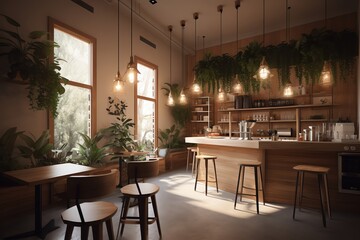 Coffee shop with plant decoration, generative AI