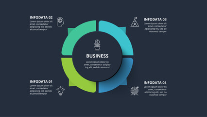 Diagram concept for infographic with 4 steps, options, parts or processes. Template for web on a black background.