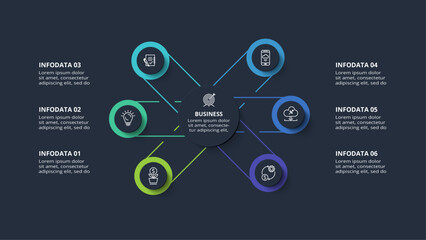 Diagram concept for infographic with 6 steps, options, parts or processes. Template for web on a black background.