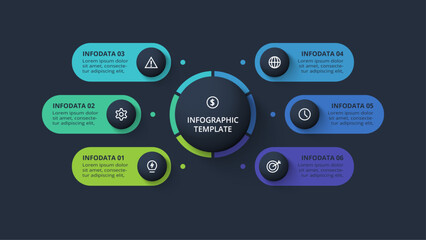 Diagram concept for infographic with 6 steps, options, parts or processes. Template for web on a black background.