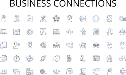 Business connections line icons collection. Ideation, Planning, Scoping, Execution, Implementation, Coordination, Collaboration vector and linear illustration. Management,Communication,Prioritization