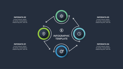 Diagram concept for infographic with 4 steps, options, parts or processes. Template for web on a black background.