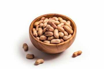 Pistachio nuts in a wooden bowl, isolated on a white background