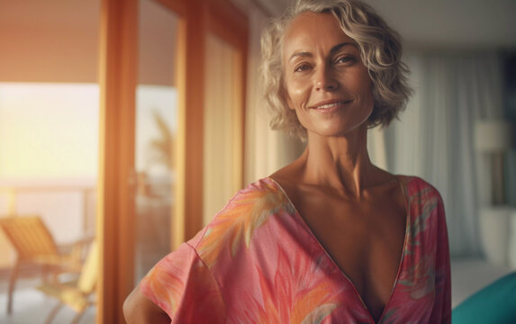 Lifestyle portrait of gray haired mature middle aged woman traveling on holiday, Generative AI