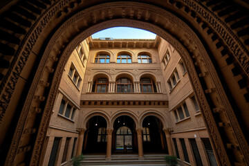 View of a building through an arch. Generative AI