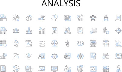 Analysis line icons collection. Collaboration, Diversity, Comradery, Productivity, Laughter, Competition, Communication vector and linear illustration. Support,Creativity,Cohesion outline signs set