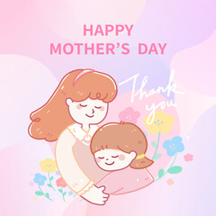 Vector cute illustration style for Mother's Day.Mother girl hug colorful flowers pink background.