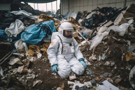 Astronaut in costume Wandering in a pile of garbage. Generative AI
