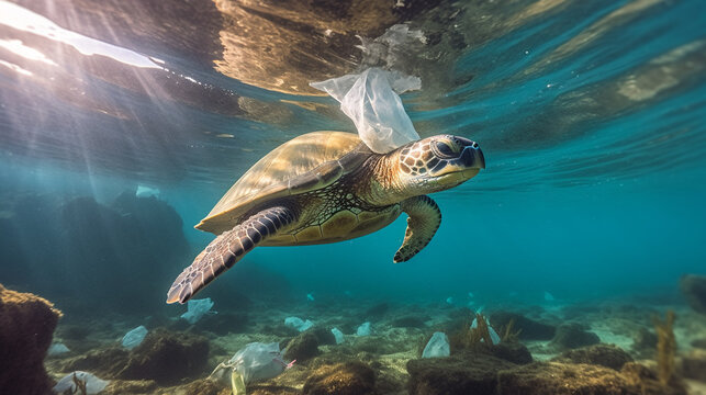 Plastic pollution in the ocean, turtle among plastics. Created using Generative AI technology.