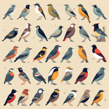 local birds of switzerland sprite sheet，flat illustration style, variety of color and form 