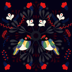 folklore birds with patterns and flowers made in the style of folklore on a dark blue background