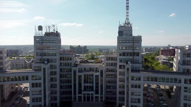 Aerial boomshot view on Derzhprom building in spring Kharkiv city center, Ukraine. Architecture destination sightseeing